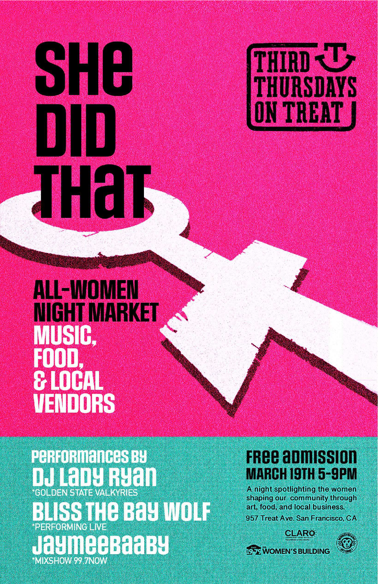 THIRD THURSDAYS ON TREAT, ALL-WOMEN NIGHT MARKET MUSIC, FOOD, & LOCAL VENDORS. PERFORMANCES BY DJ LADY RYAN, BLISS THE BAY WOLF, JAYMEEBAABY